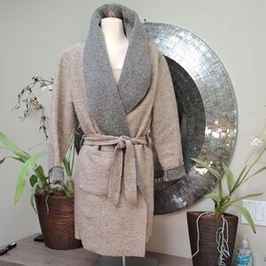Italian Heathered Tan and Gray Belted Sweater Trench Coat